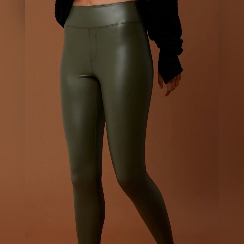 OFFLINE by Aerie Legging Women Olive Green Faux Leather NWT High Waisted